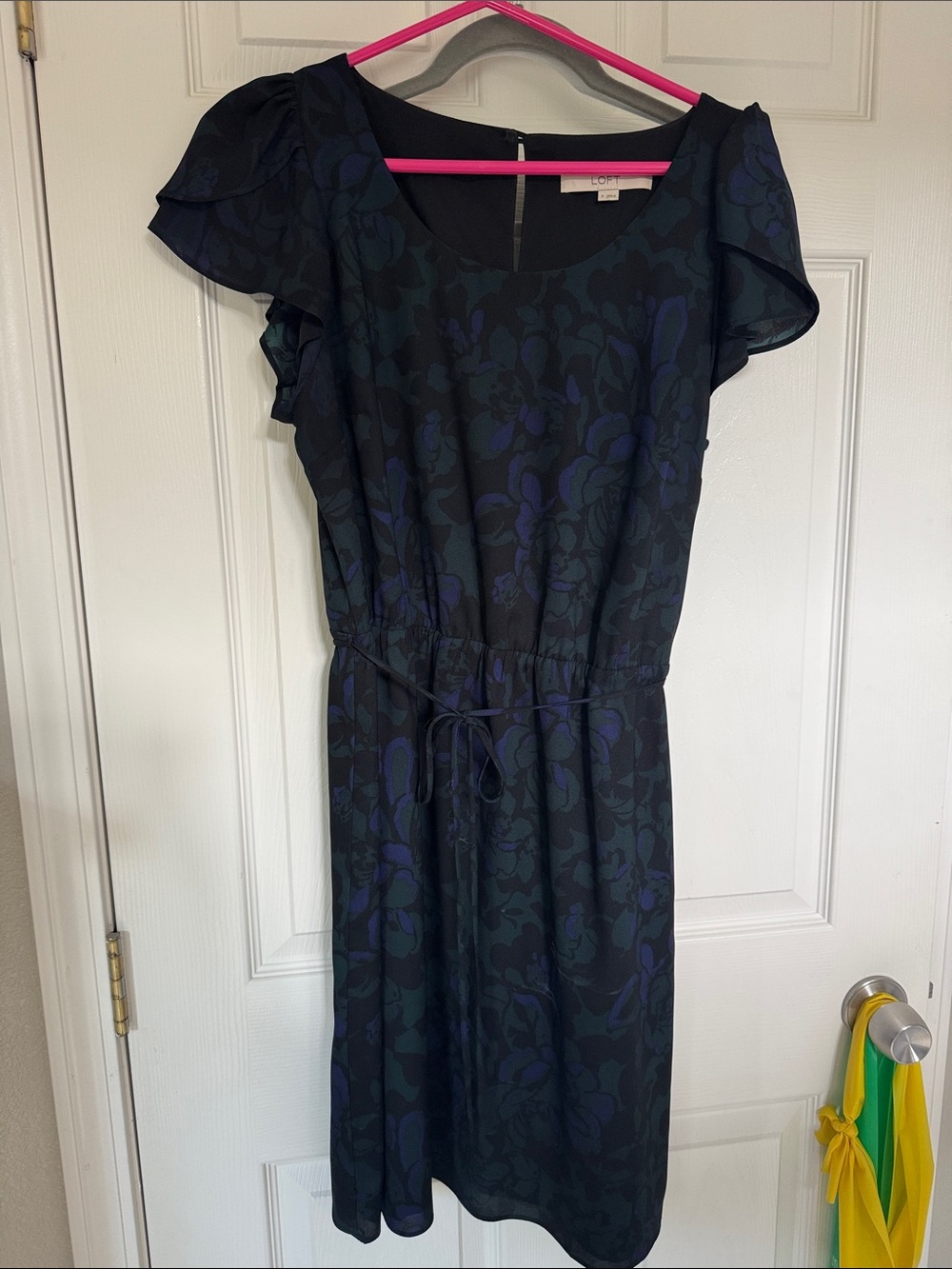 LOFT Navy and Black Floral Tie-Waist Dress